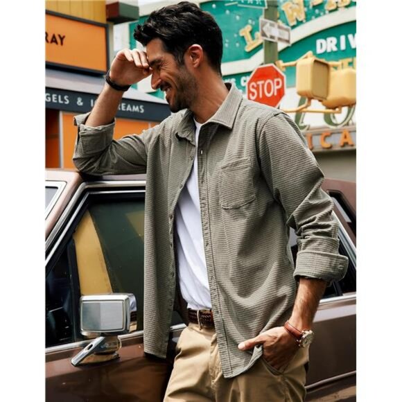 Men's Button Down Shirt Texture Wrinkle Free Shirts Long Sleeve - Picture 4 of 7